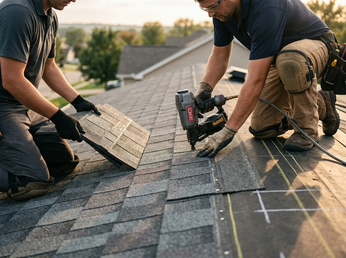 Professional roofer working on a residential roof in North Lynnwood